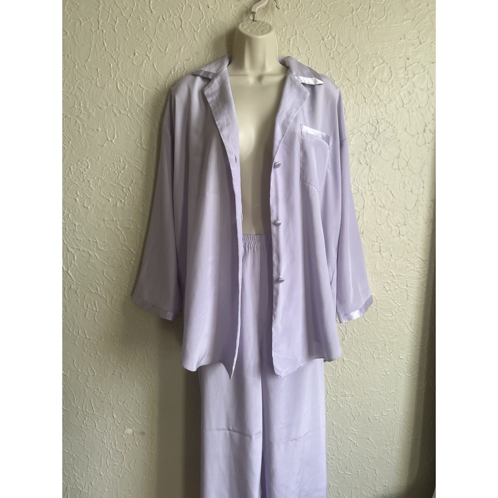 Victorias Secret Satin Trim Pajama Set Women Purple Shirt Pants Long Small